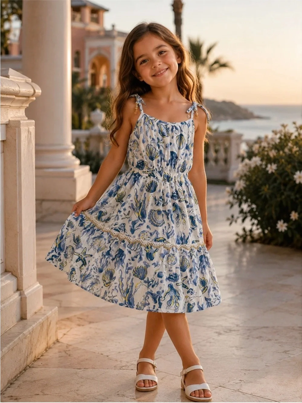 Girls Blue & White Sea Print Sundress resort style size 4